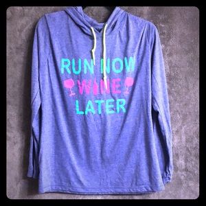 “Run now, wine later” long sleeve T-shirt, size L